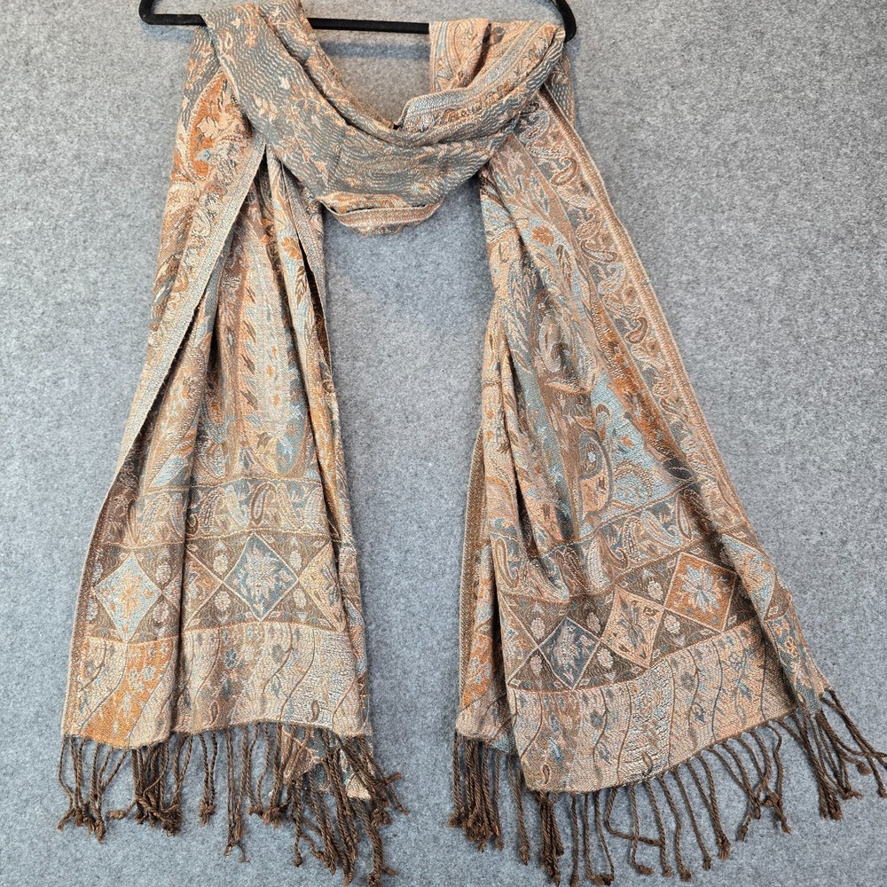 Paisley Scarf Stole Women Brown Blue Floral 100% Rayon Fringed Made in India